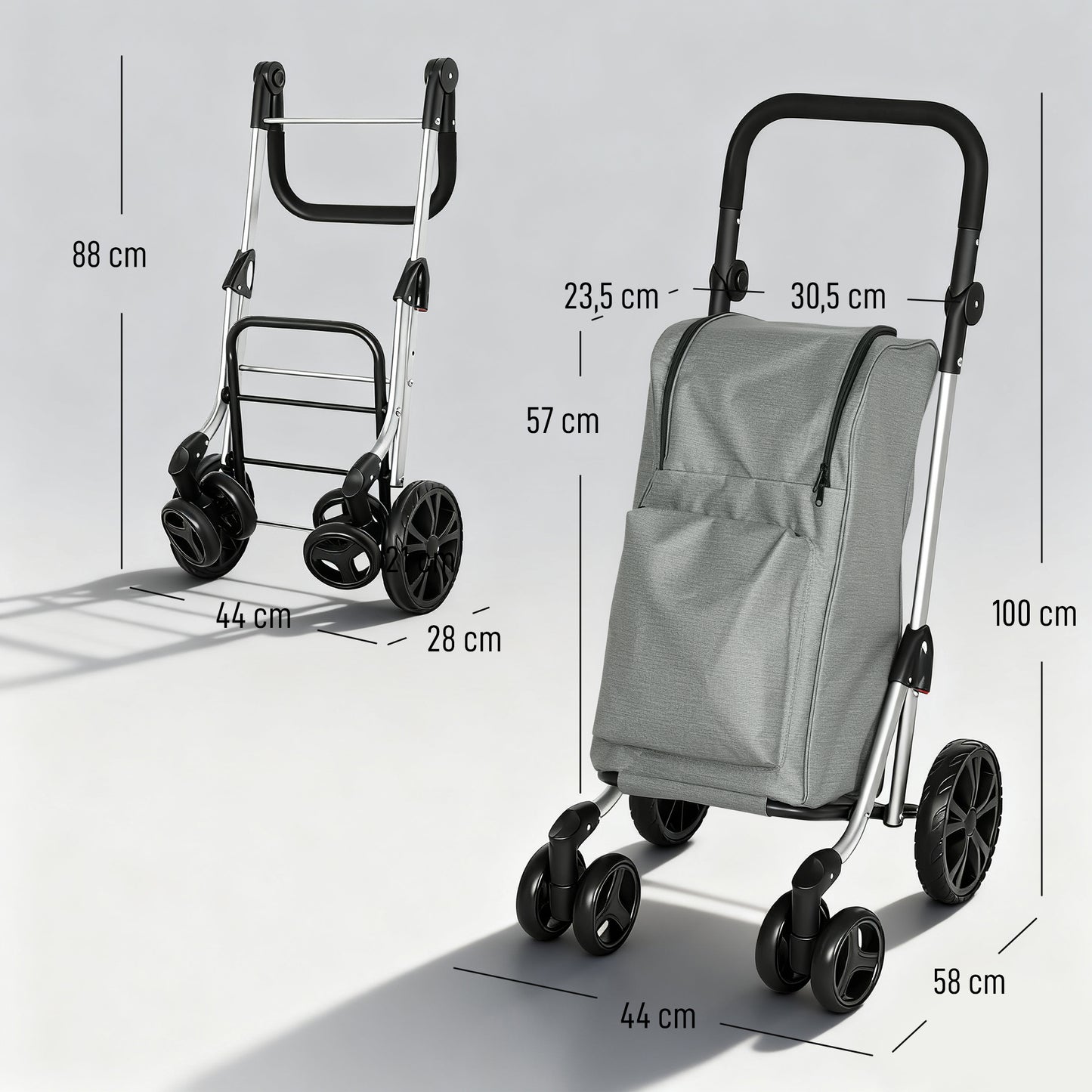 HOMCOM Einkaufstrolley, 46 Liter Tasche, Faltbarer Einkaufswagen mit Kühltasche, verstellbarer Griff, Aluminiumrahmen, Grau