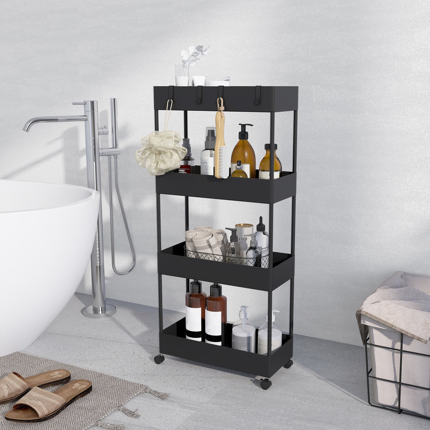 HOMCOM Küchenwagen mit 4 Regalen, 4 flexiblen Haken, 4 Rollen, 40 cm x 19 cm x 90 cm, Nischenwagen, Schwarz