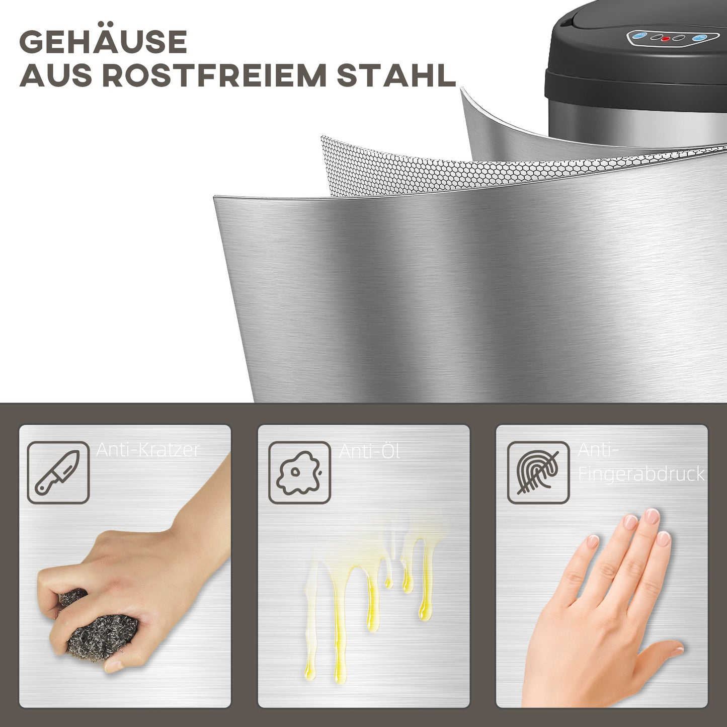 HOMCOM 30 Liter Sensor-Mülleimer mit Soft-Close-Funktion, berührungsfreier Abfalleimer aus Edelstahl für hygienische Küchen