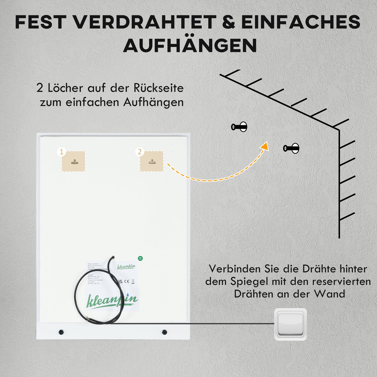 kleankin Badezimmerspiegel mit LED-Beleuchtung, 3 Lichtfarben, Antibeschlag-Funktion, verkabelt, 70 x 50 cm