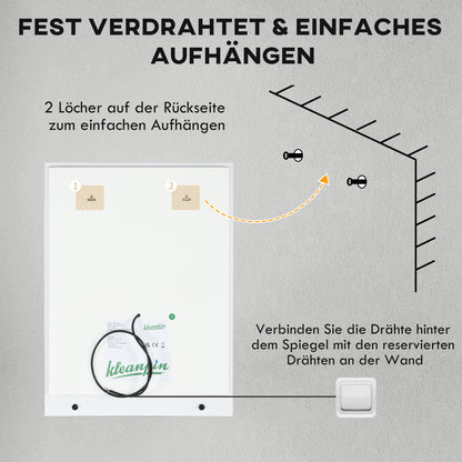 kleankin Badezimmerspiegel mit LED-Beleuchtung, 3 Lichtfarben, Antibeschlag-Funktion, verkabelt, 70 x 50 cm