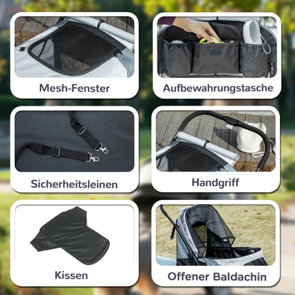 PawHut Hundewagen, Faltbarer Hundebuggy für große Hunde, Haustierwagen mit 4 Rädern, Sicherheitsleinen, Bremsen, Grau