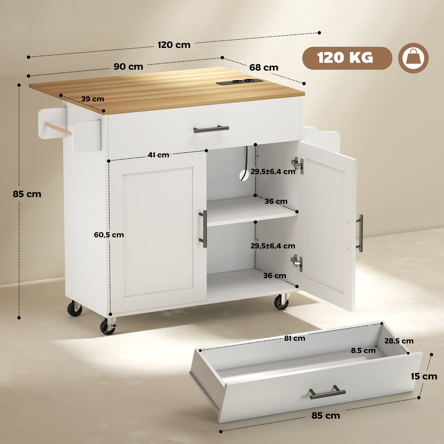 HOMCOM Kücheninsel, Küchenwagen auf Rollen, mit abklappbarer Arbeitsplatte, Schublade, Ablage, 120 x 68 x 85 cm, Weiß