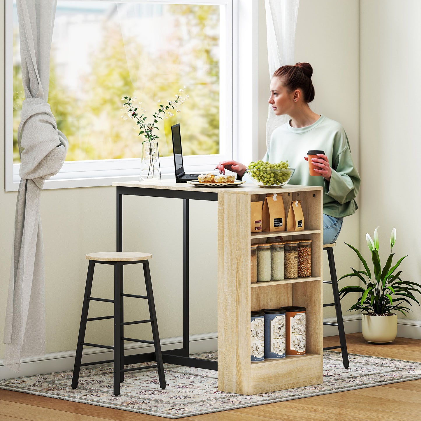 HOMCOM 3-teiliges Bartisch-Set, 1 Tresen, 2 Stühle, mit Stauraum und Fußstützen, platzsparend, Hellbraun+Schwarz