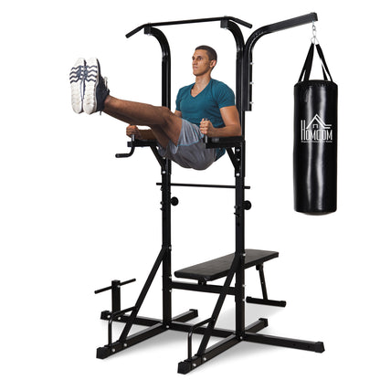 HOMCOM Kraftstation mit Klimmzugstange, Multifunktionale Dip-Station, Trainings-Gerät für Zuhause, mit Boxsack, Fitness, Stahl, Schwarz, 180 x 183 x 219 cm