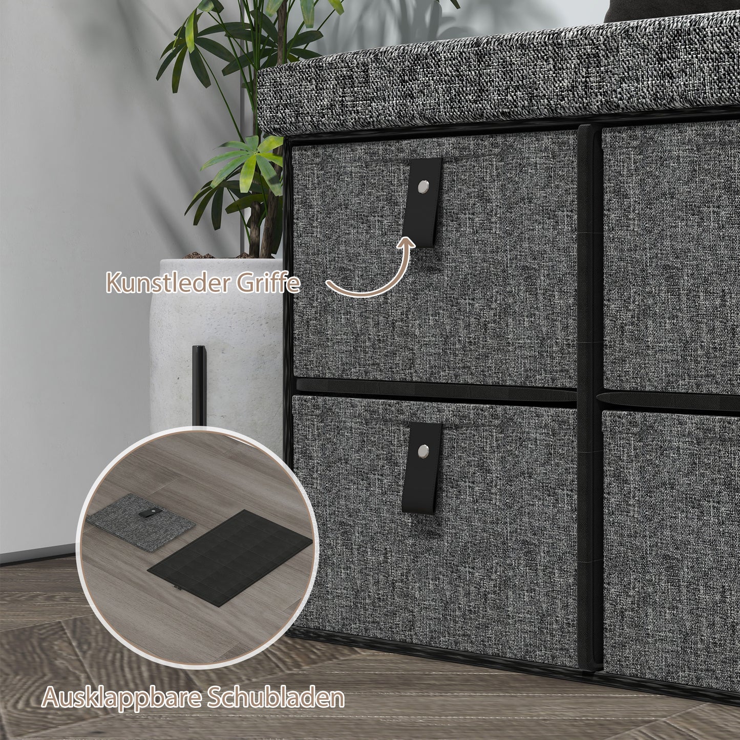 HOMCOM Gepolsterte Schuhbank, 6 Schuhfächer, MDF-Rahmen, Leinenoptik, Grau