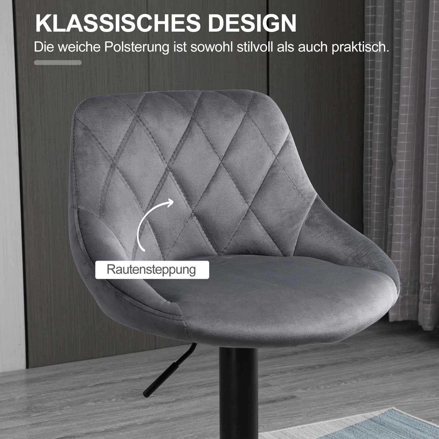 HOMCOM 2er-Set Barhocker, Höhenverstellbare Barstuhl mit Lehne, Samtoptik, Metallgestell, Fußstütze, drehbare, Dunkelgrau