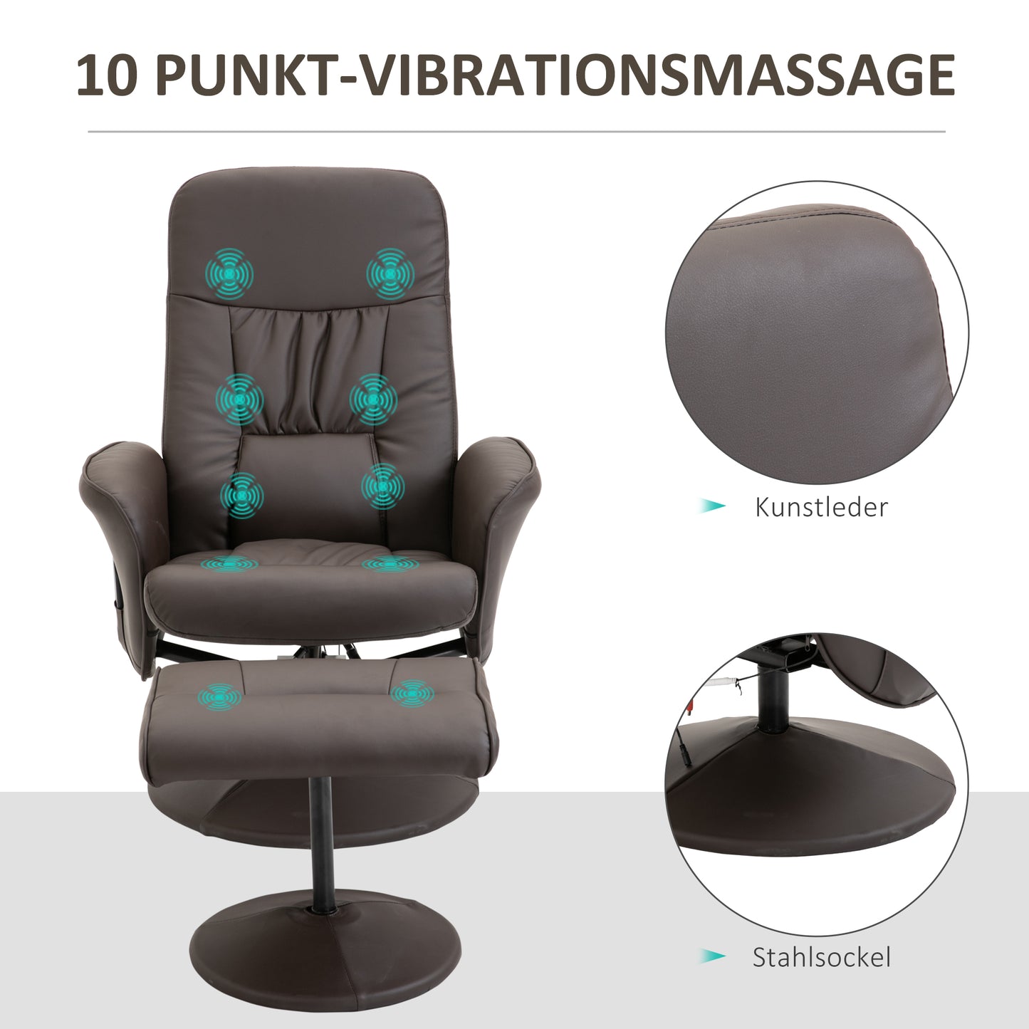 HOMCOM Relaxsessel mit Hocker, drehbarer Fernsehsessel mit 10 Massagepunkte, Liegefunktion, Massagesessel mit Fernbedienung, Seitentasche, TV-Sessel, Kunstleder, Braun