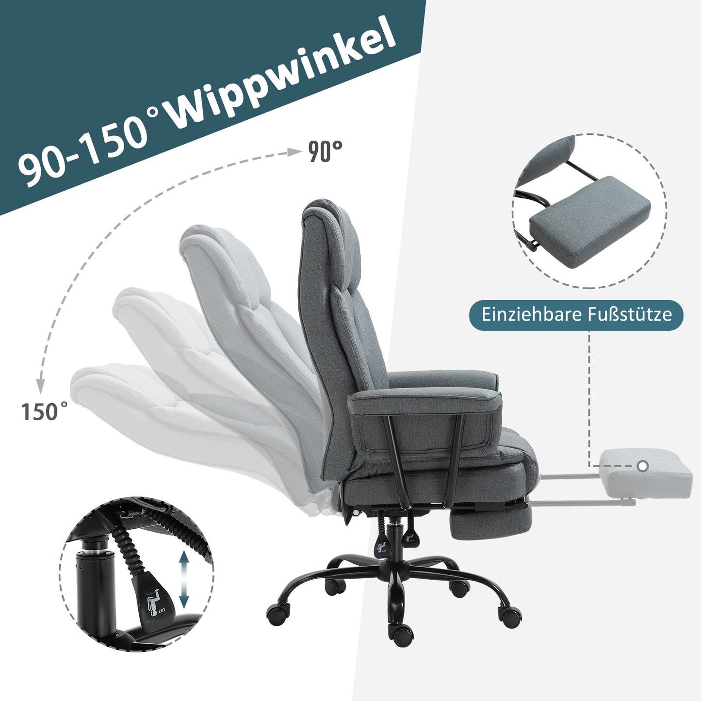 Vinsetto Bürostuhl Ergonomischer Chefsessel 360° Drehbar Computerstuhl höhenverstellbar mit Kopfstütze und gepolsterte Armlehnen mit Fußstütze Kunstleder 68 x 80 x 120–126 cm