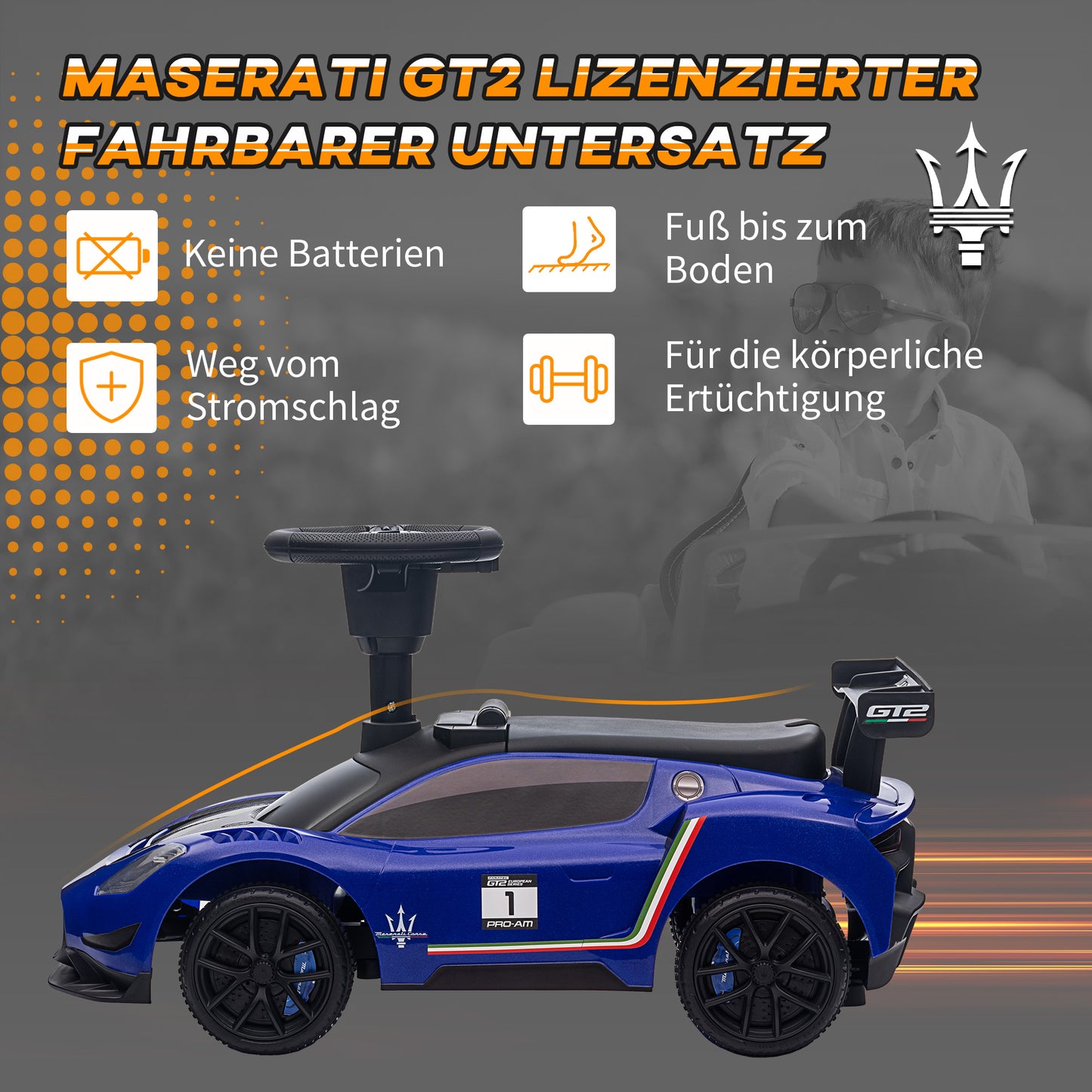 AIYAPLAY Rutschauto, Lizenzfahrzeug, interaktive Hupen- und Musikknöpfe, Kunststoff und Stahl, Blau, 65 x 29 x 37 cm