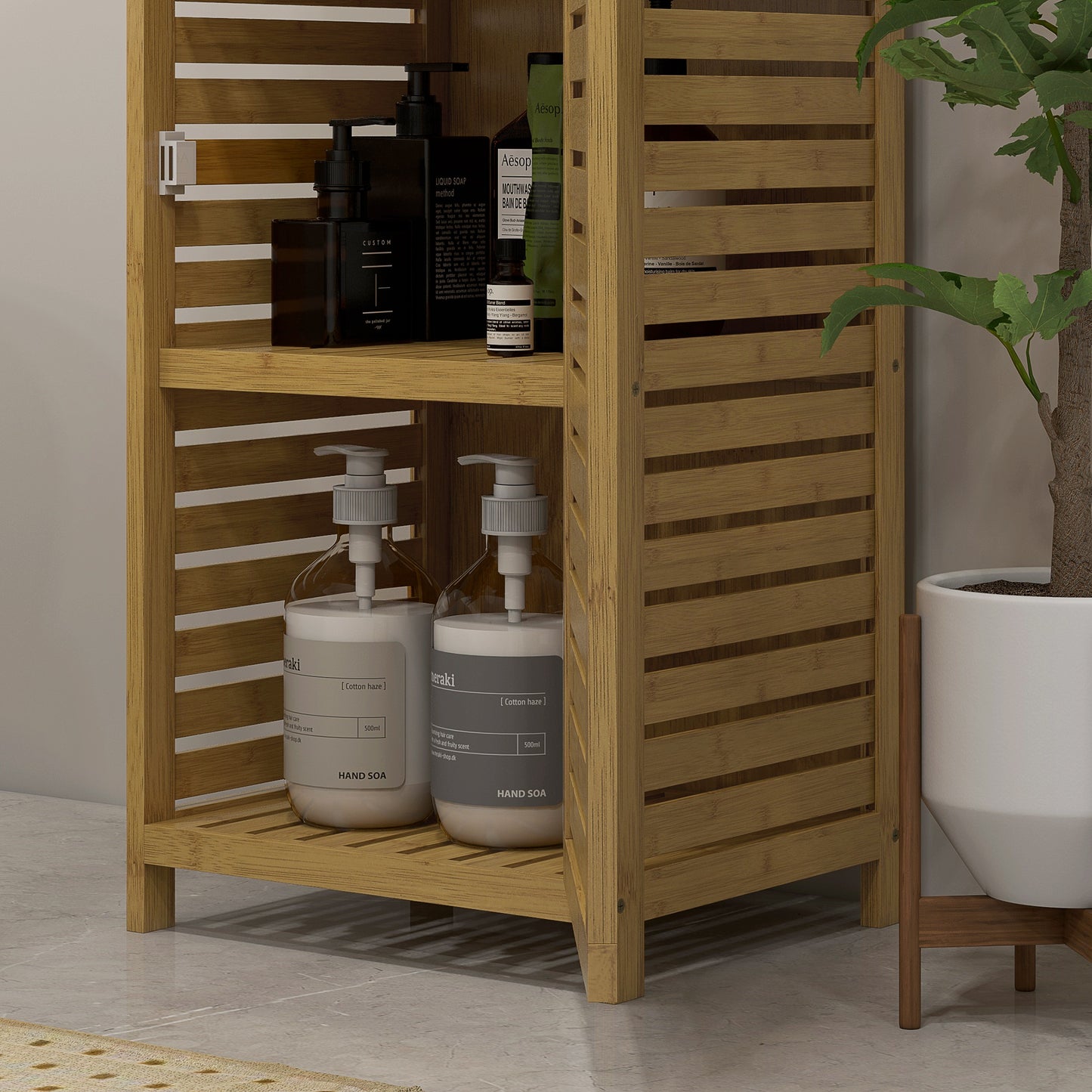 HOMCOM Badezimmerregal Badregal, 3 Regale, 1 Schrank, 38,5 cm x 33 cm x 170 cm, Natur