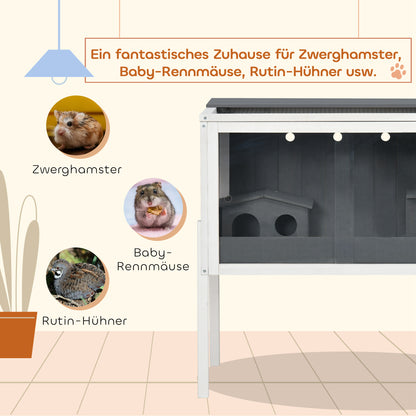 PawHut Hamsterkäfig, 3000 cm² Zwerghamsterkäfig aus Holz und Metall, mit 2 Hütten, Acrylschiebetüren, stabil, sicher, Grau+Weiß