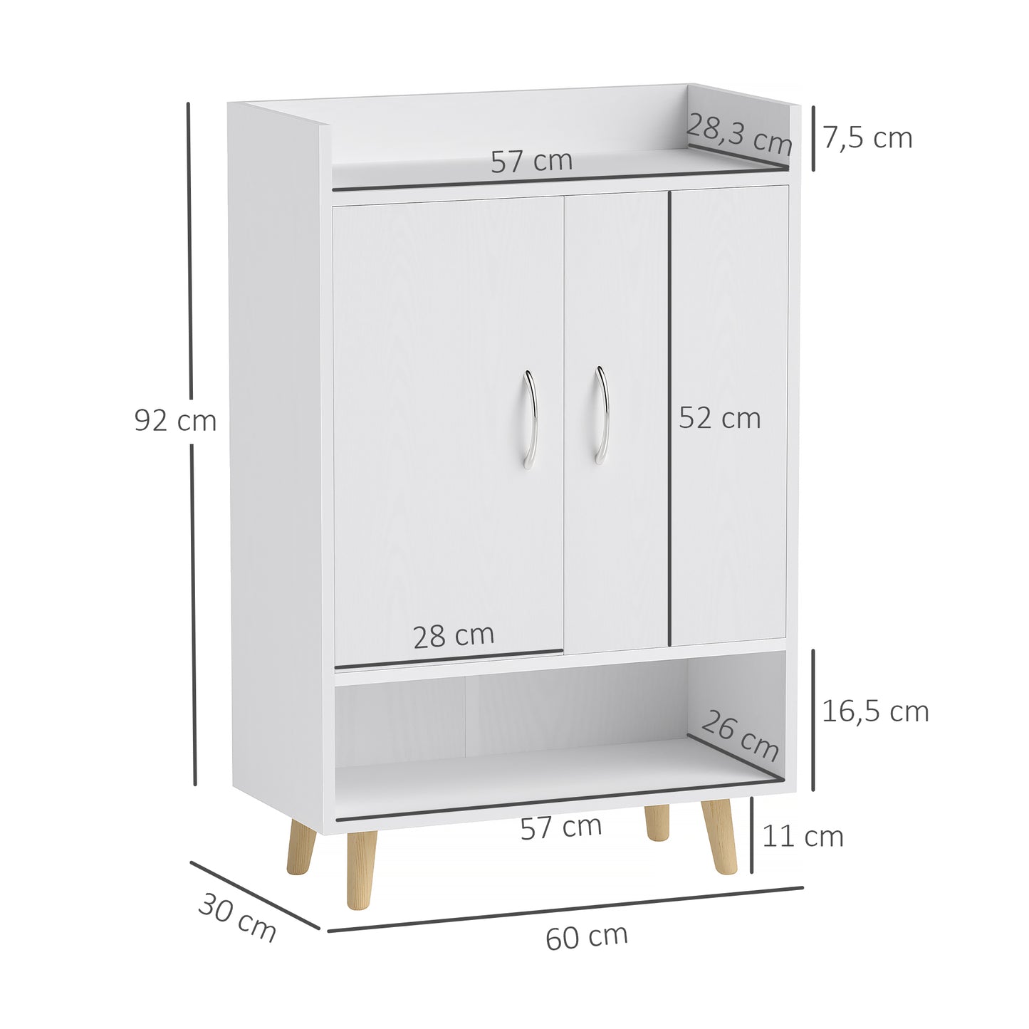 HOMCOM Schuhschrank, Schuhregal mit Türen und Regalen, für Flur, moderne Schuhkommode, Schuhablagen, 60 x 30 x 92 cm, Weiß