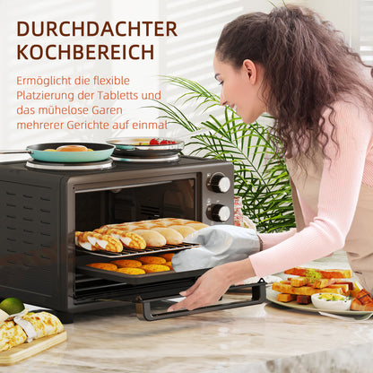 HOMCOM 28 L Toasterofen, Kompakter Backofen zum Kochen und Grillen, Elektro-Ofen mit Backblech, Grillrost, 2600W, Schwarz