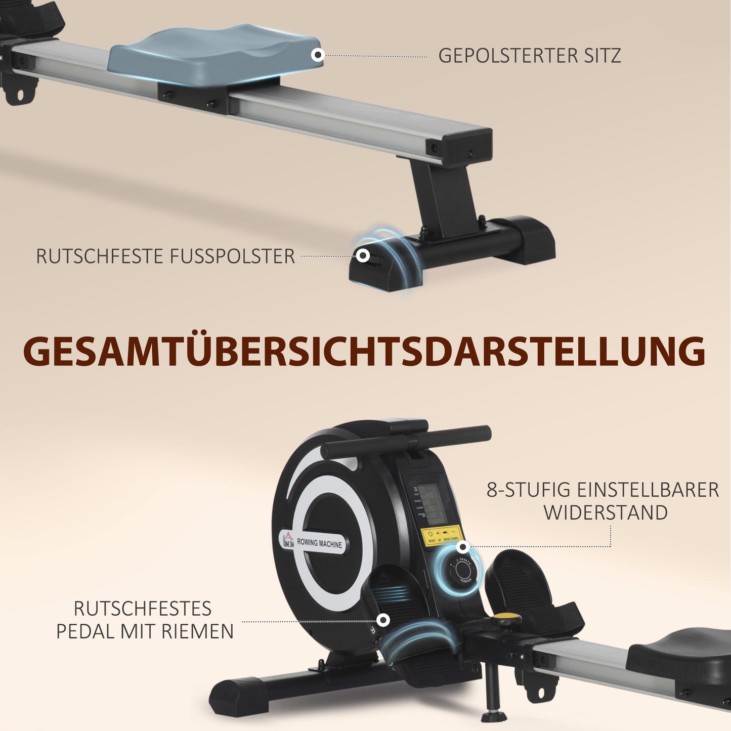 HOMCOM Rudergerät, klappbar, leiser Aluminiumrahmen, LCD-Monitor, 8 Stufen Widerstand, Schwarz/Silber