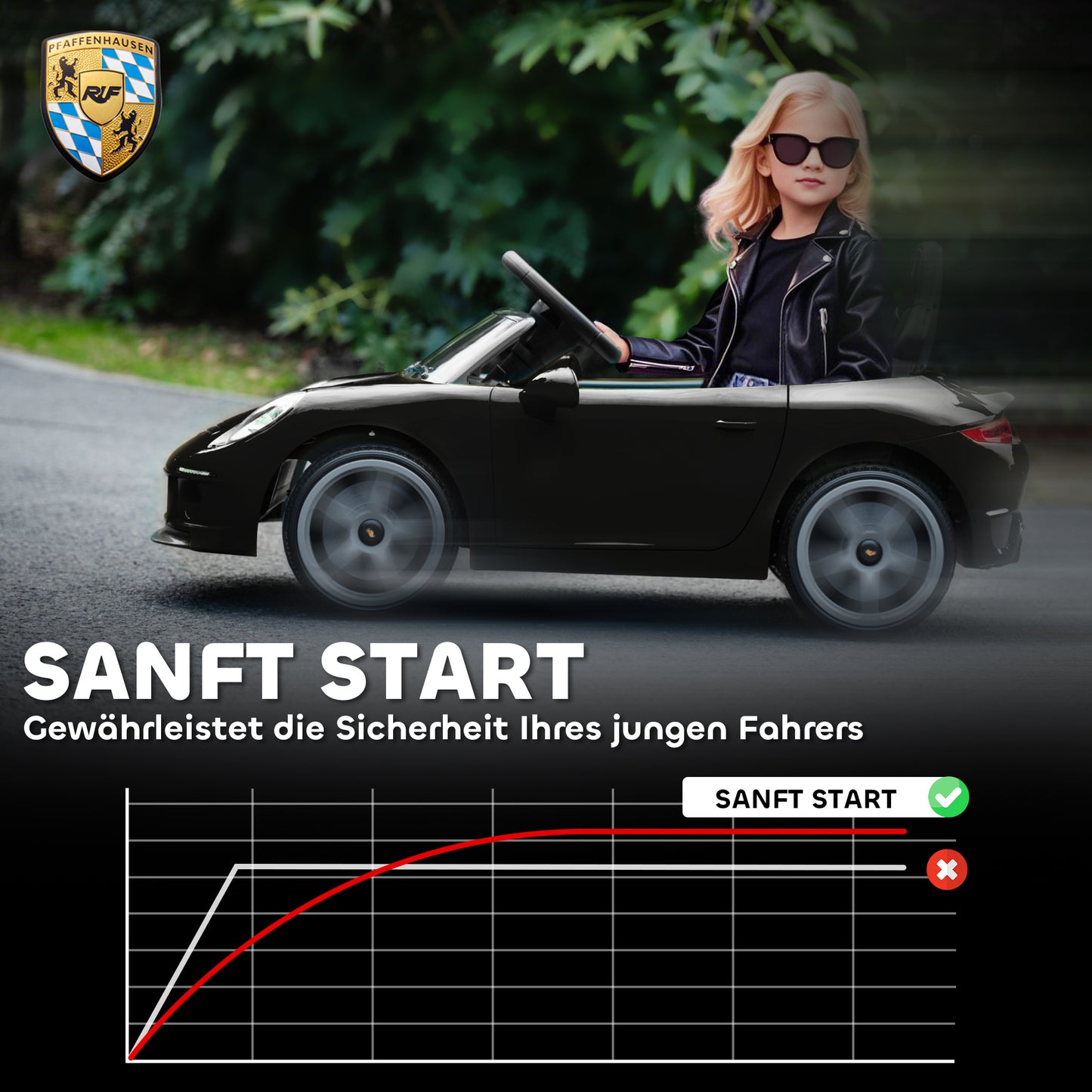 AIYAPLAY Elektrisches Aufsitzauto für Kinder, fernsteuerbar, Musik, Hupe, USB, Sicherheitsgurt, für 3-5 Jahre, Schwarz