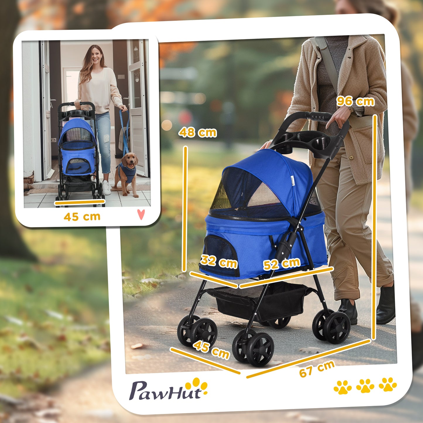 PawHut Hundebuggy Hundewagen bis 4 kg Klappbar Netzfenster Bodenkorb Becherhalter abnehmbares Dach blau 67 x 45 x 96 cm
