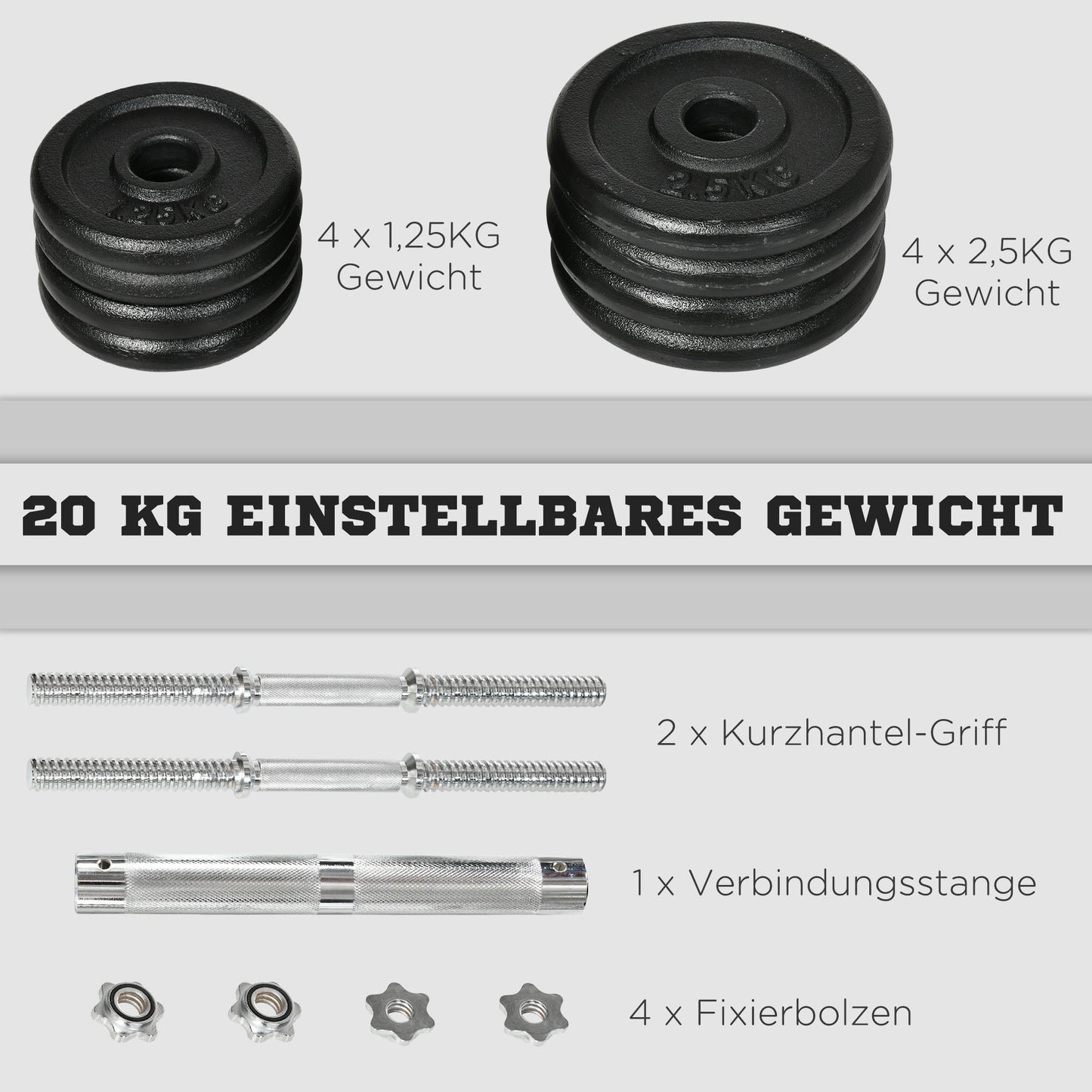 HOMCOM Kurzhantel, Langhantel, 2-in-1, 20 kg, 8 Hantelscheiben, rostfrei, Eisen, schwarz, 95 x 16 x 16Hcm