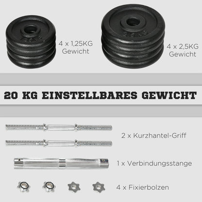 HOMCOM Kurzhantel, Langhantel, 2-in-1, 20 kg, 8 Hantelscheiben, rostfrei, Eisen, schwarz, 95 x 16 x 16Hcm