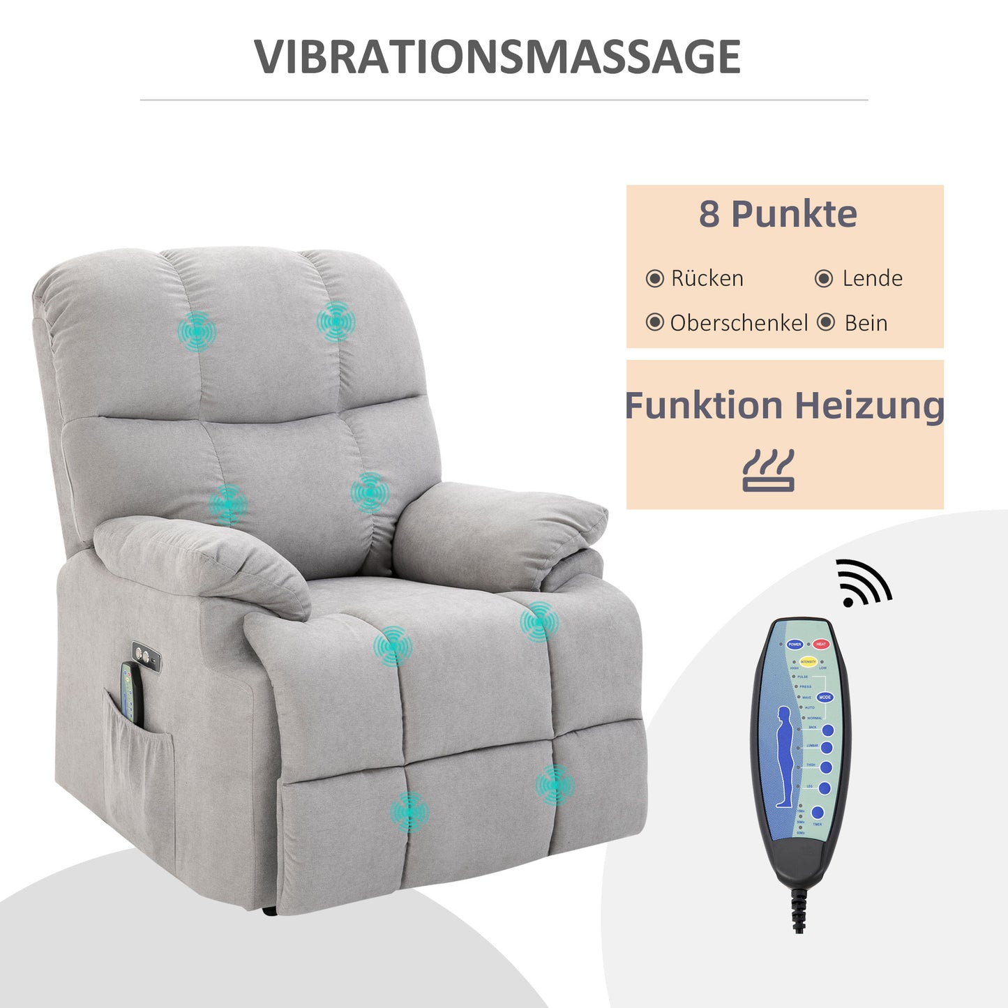 HOMCOM Sessel mit Aufstehhilfe, Massagesessel, Relaxsessel mit USB-Anschluss, Fernsehsessel mit Fernbedienung, Seitentasche, Neigebarer TV-Sessel mit Samtoptik, Grau