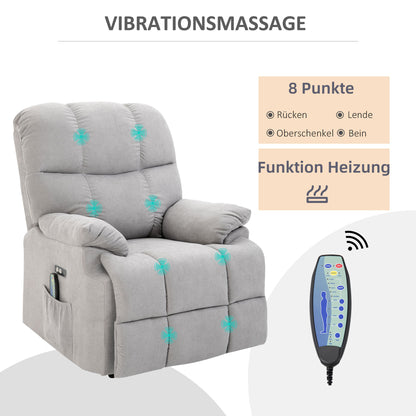 HOMCOM Sessel mit Aufstehhilfe, Massagesessel, Relaxsessel mit USB-Anschluss, Fernsehsessel mit Fernbedienung, Seitentasche, Neigebarer TV-Sessel mit Samtoptik, Grau