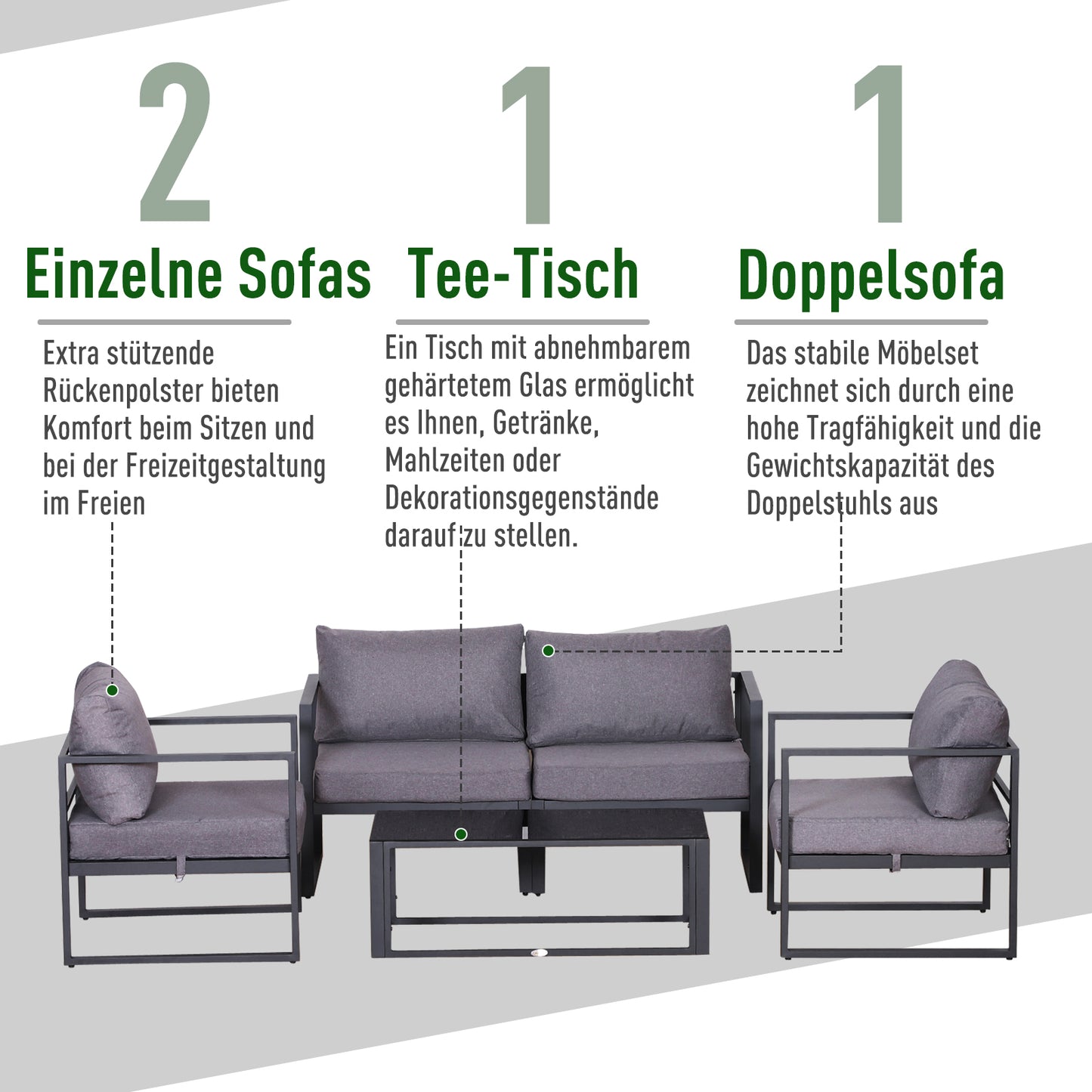 Outsunny Vierteiliges Gartenmöbel Set, Sitzgruppe, Sofa mit Sitzkissen, Tisch mit Stauraum, Polyester, Grau, 138 x 69 x 63 cm