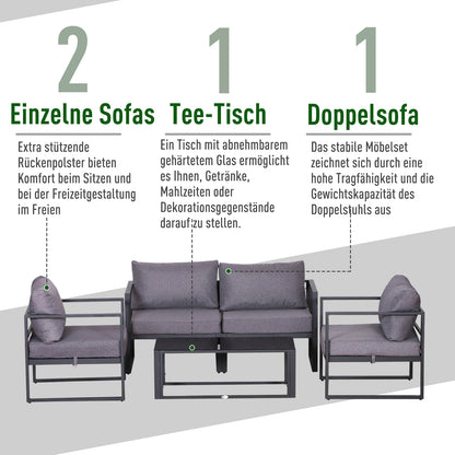 Outsunny Vierteiliges Gartenmöbel Set, Sitzgruppe, Sofa mit Sitzkissen, Tisch mit Stauraum, Polyester, Grau, 138 x 69 x 63 cm