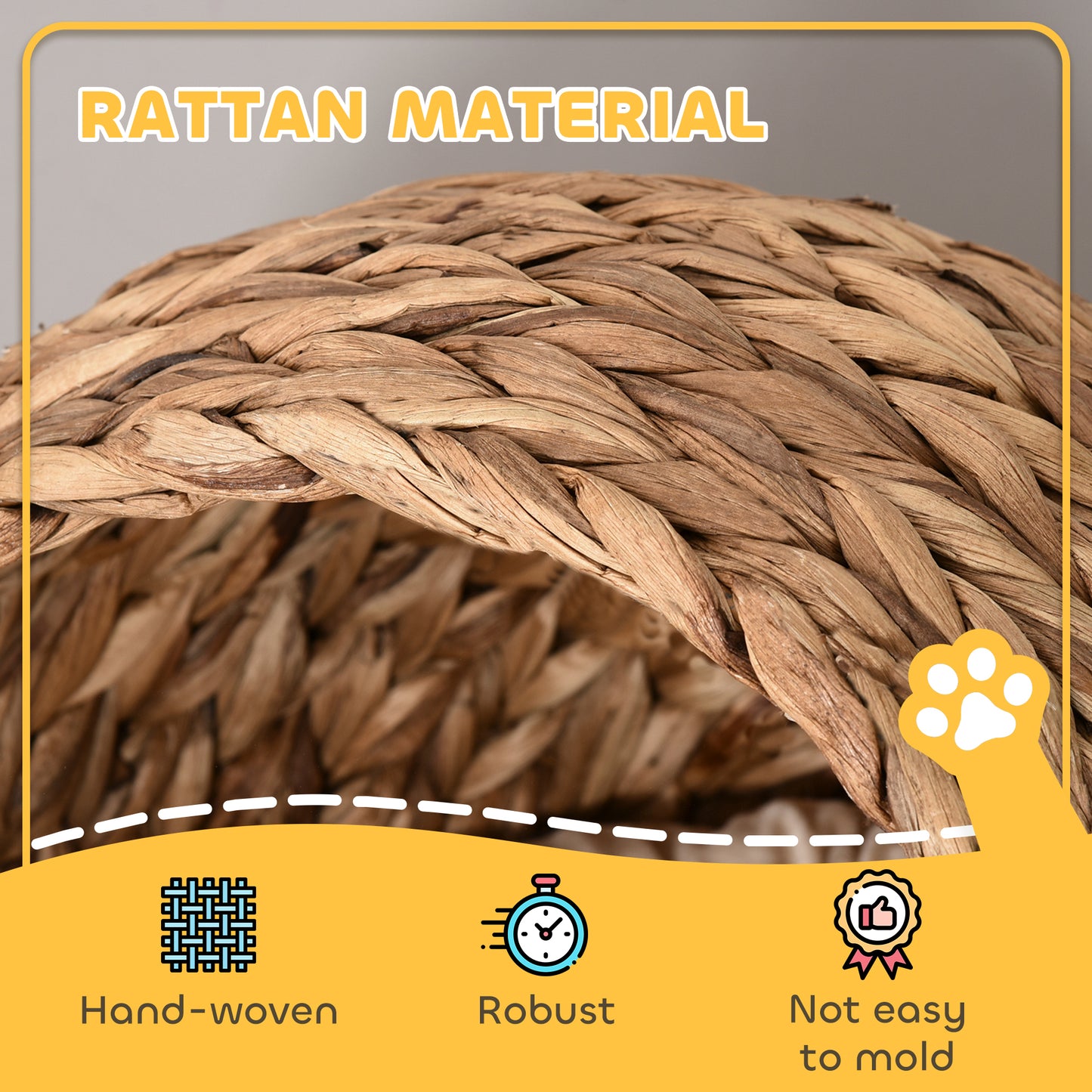 PawHut Rattan Katzenkorb Katzenhöhle Katzenhütte Katzenbett mit Kissen Haustierbett Wasserhyazinthe Braun 50 x 42 x 60 cm