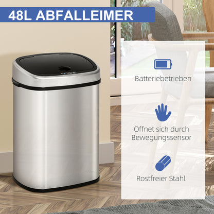 HOMCOM Mülleimer mit Sensor 48L Automatik Abfalleimer mit Bewegungssensor, Wasserdichter Abfallbehälter aus Edelstahl für Küche, Büro, Schlafzimmer Silber