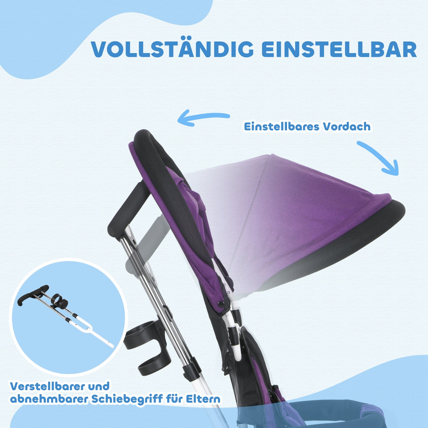 HOMCOM 6-in-1 Kinderdreirad mit Schiebestange, Dach, Gurt, Ablagekorb, für 1-5 Jahre, Blau