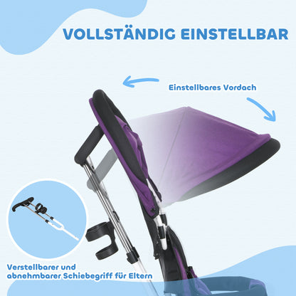 HOMCOM 6-in-1 Kinderdreirad mit Schiebestange, Dach, Gurt, Ablagekorb, für 1-5 Jahre, Blau