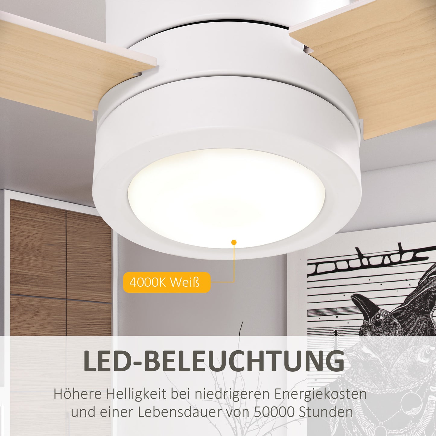 HOMCOM Deckenventilator mit LED-Licht, 2-in-1 Design, mit Timer, Fernbedienung, Deckenlampe mit Ventilator, Weiß+Naturholz