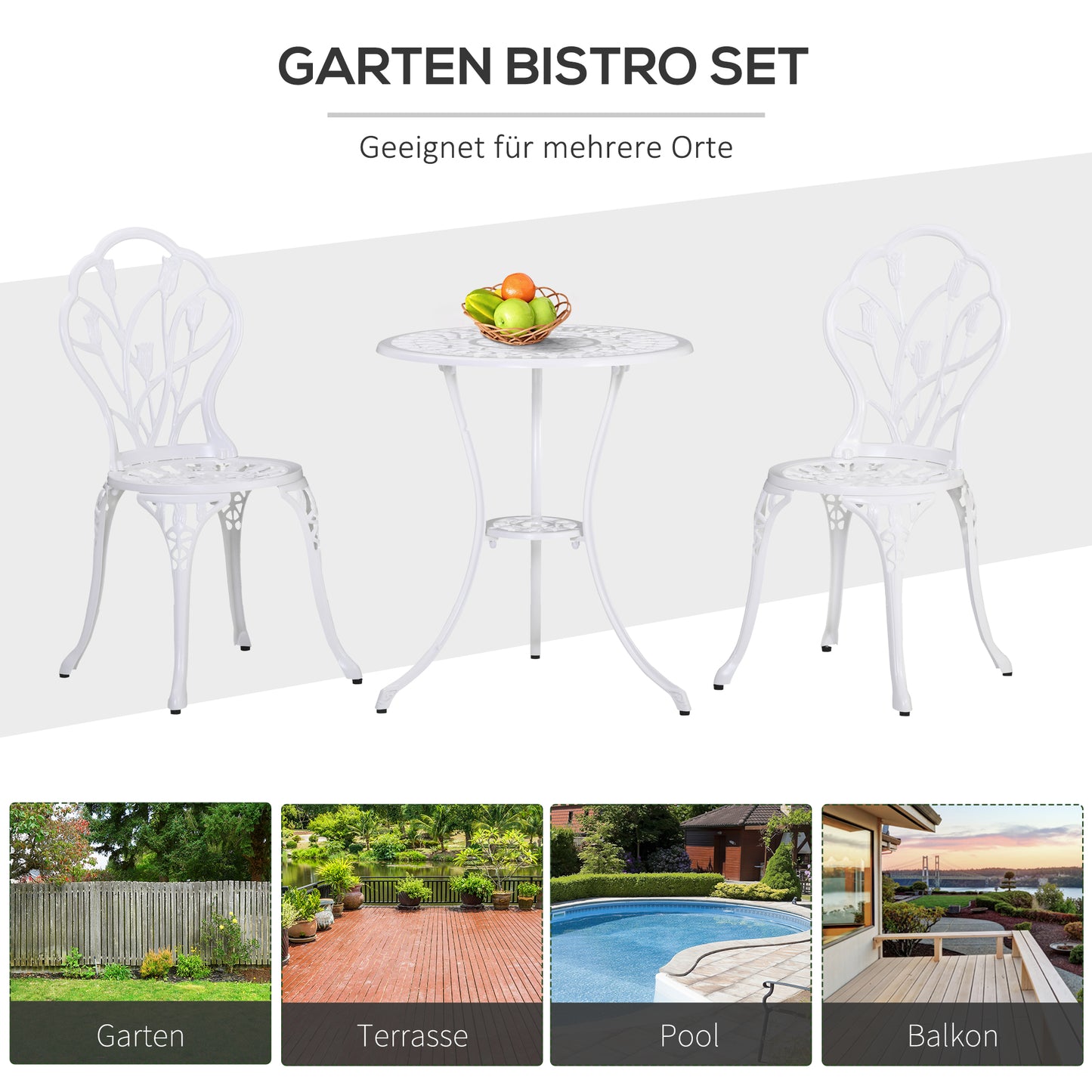 Outsunny Sitzgruppe für 2 Personen Essgruppe Gartenmöbel-Set 1 Tisch+2 Stühle mit Schirmloch Aluminium Weiß