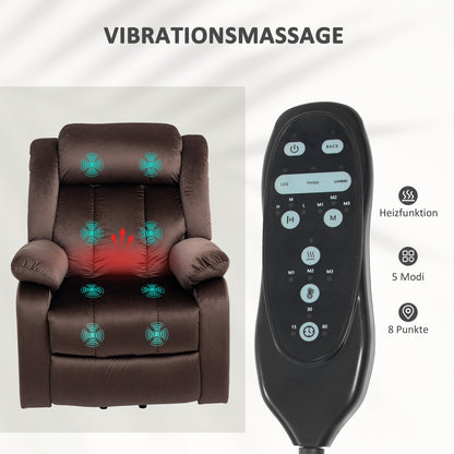 HOMCOM Aufstehsessel mit Massagefunktion und Lendenheizung, Recliner-Sessel mit Fernbedienungen und Seitentaschen, Braun