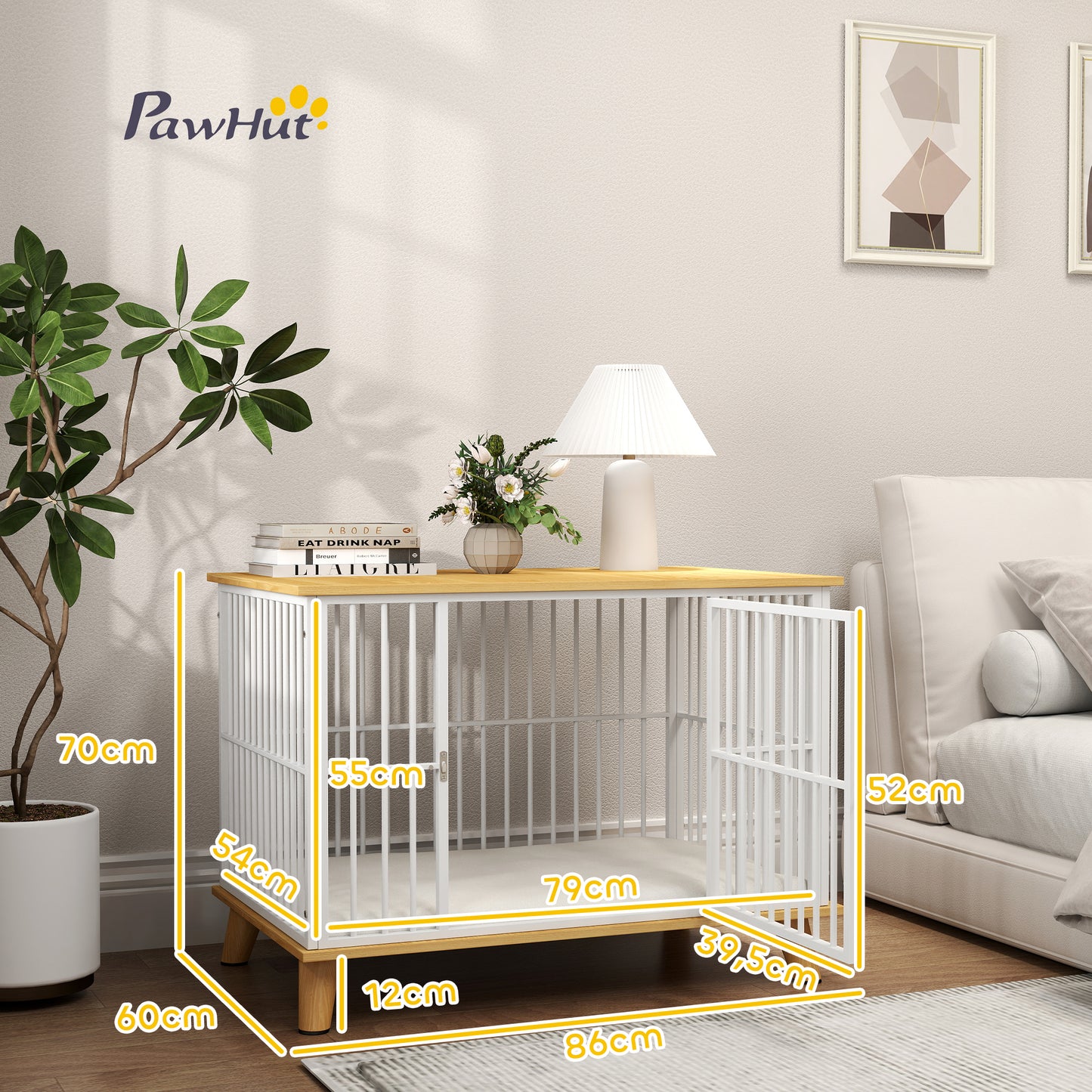 PawHut Hundebox mit Verriegelungstür, abnehmbares Kissen, gute Belüftung, Stahl, 86x60x70 cm, Weiß+Grau