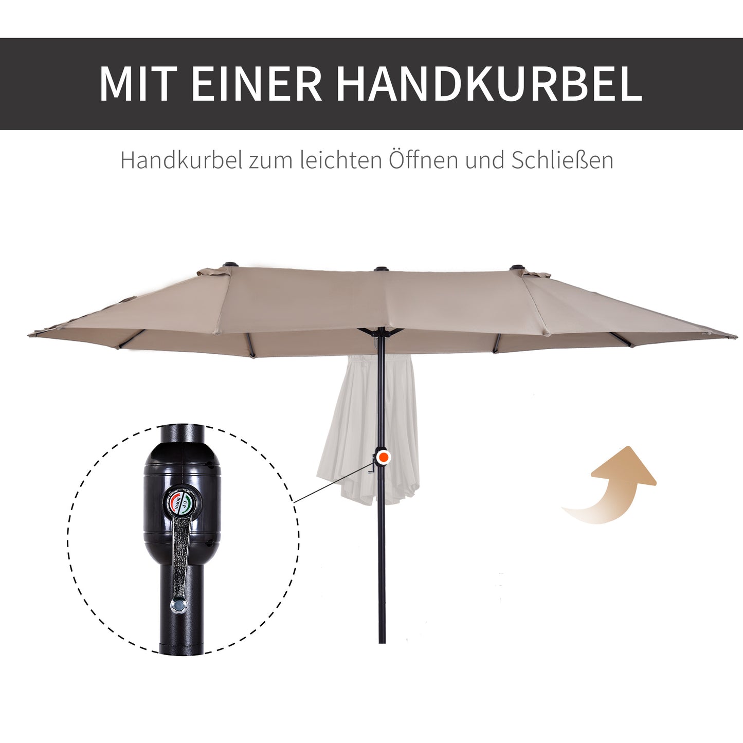 Outsunny Doppelsonnenschirm 455 x 270 cm Gartenschirm mit Handkurbel oval stabil Metallstange Marktschirm Doppelsonnenschirm Terrassenschirm Sonnenschutz für Strand Balkon Terrasse Garten Hellkaffee
