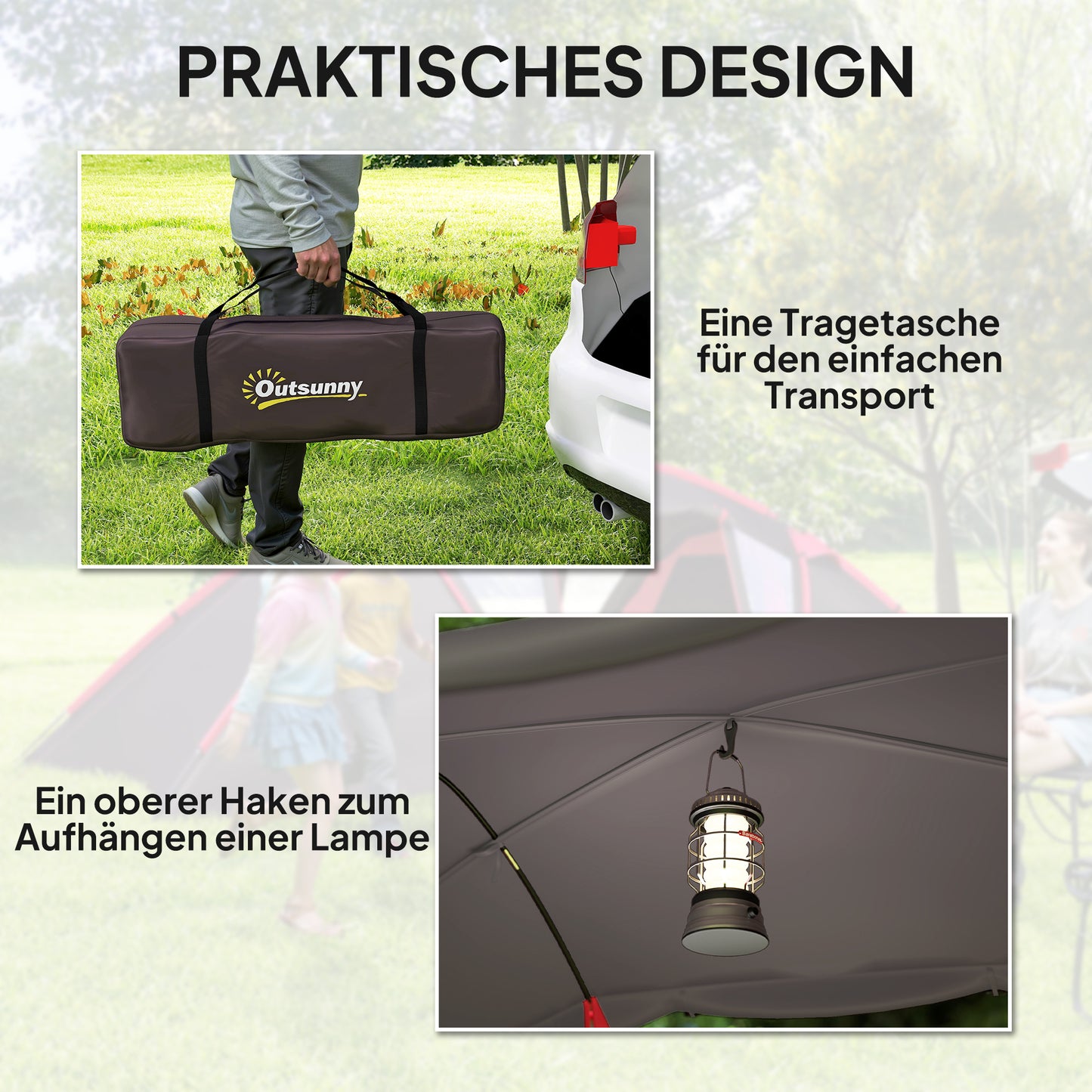 Outsunny Tunnelzelt, Campingzelt für 4-6 Personen, mit 3 Räumen, Lichthaken Doppeltüren Grau