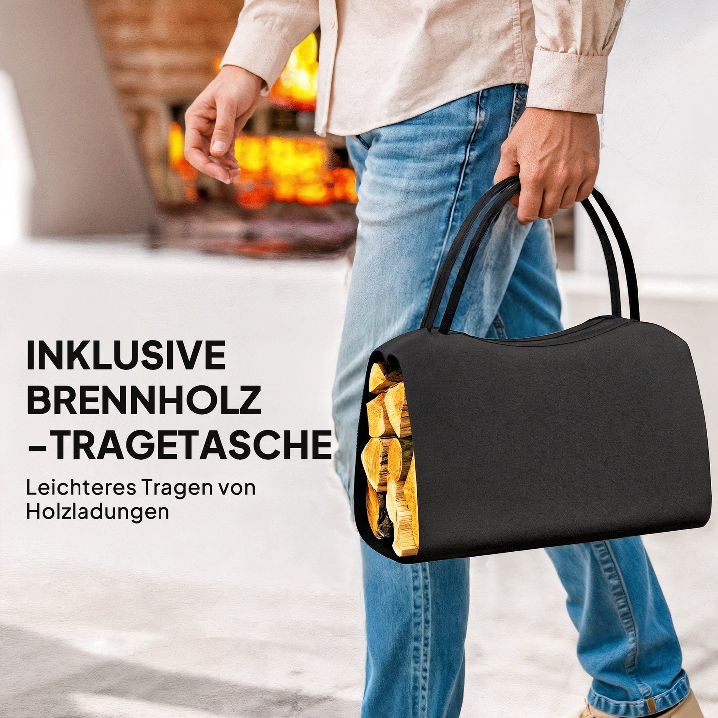 Outsunny Kaminholzregal für innen 53 x 33 x 43 cm Brennholzregal mit Tragetasche Metall Schwarz