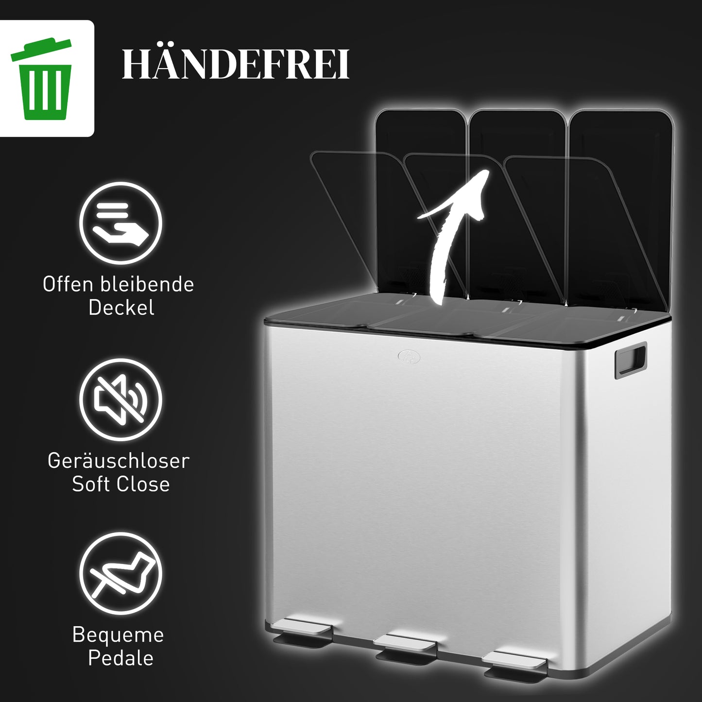 HOMCOM Mülleimer mit 3 x 20 L Fächern, Deodorant-Deckel, fingerabdrucksicher, Soft-Close, herausnehmbar, Silber