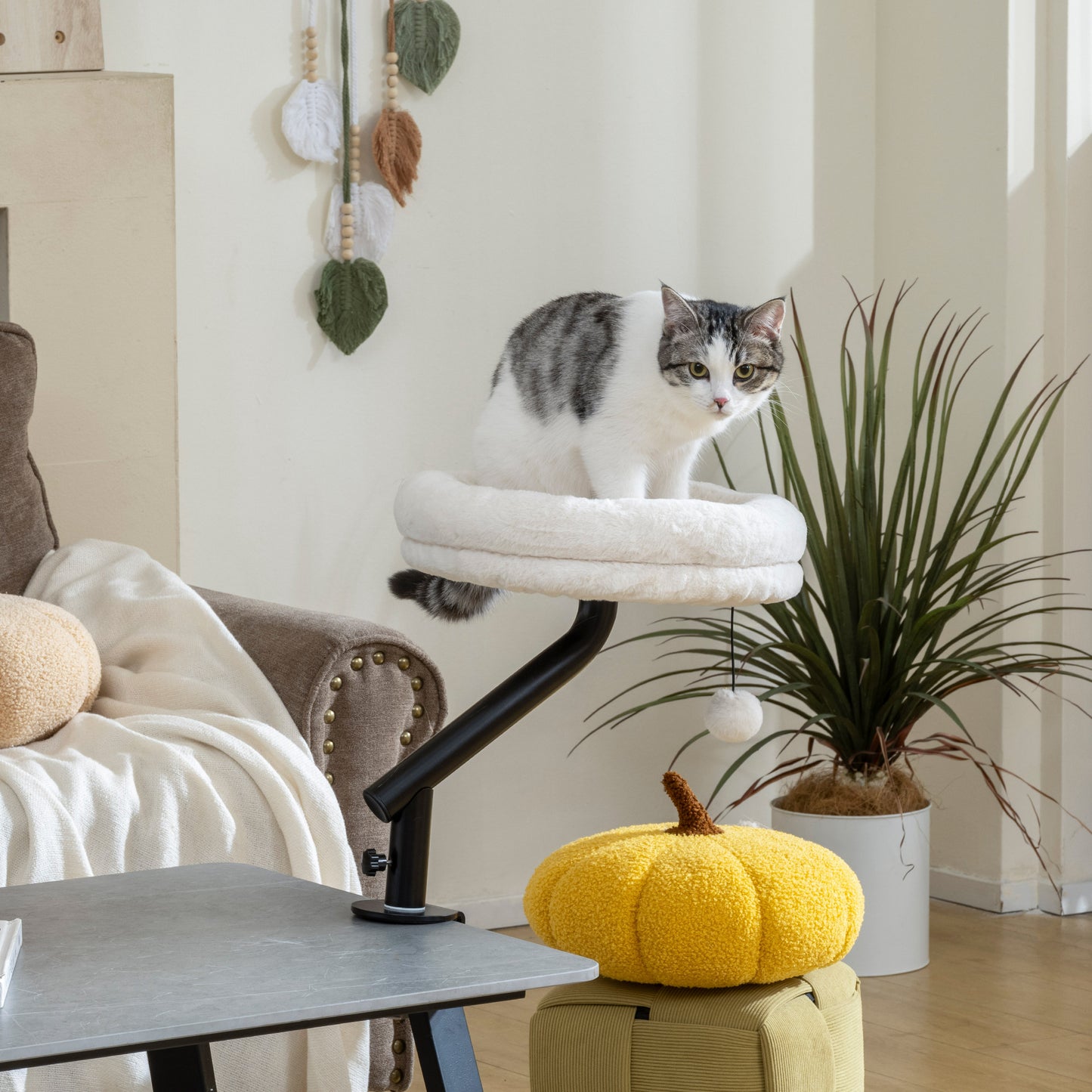 PawHut Katzen-Schreibtischbett, Katzenbett für Schreibtisch mit 360°Drehung, verstellbarer Höhe, Katzenliege mit abnehmbarem, maschinenwaschbarem Bett, für Katzen unter 6 kg, Heimbüro, Cremeweiß