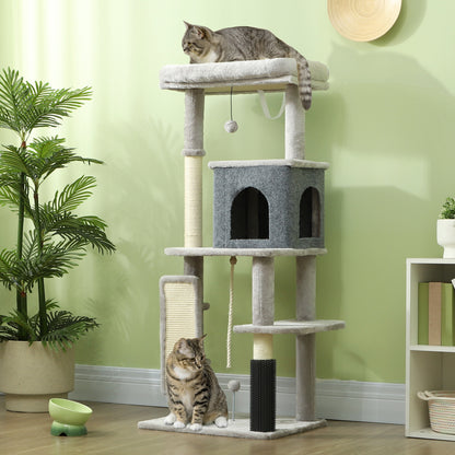PawHut 132 cm Katzenbaum mit Kratzpfosten, Bett, Haus, Sprungplattformen, Pflegebürste, Hellgrau