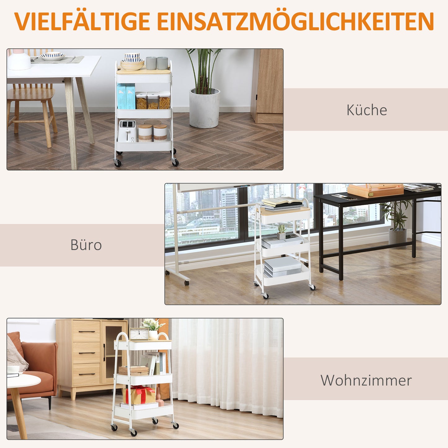 HOMCOM Servierwagen mit 3 Ebenen Küchenwagen mit Rollen Griff Küchenregal mit Korb und Deckel Rollwagen Allzweckwagen für Küche Büro Badezimmer, Weiß