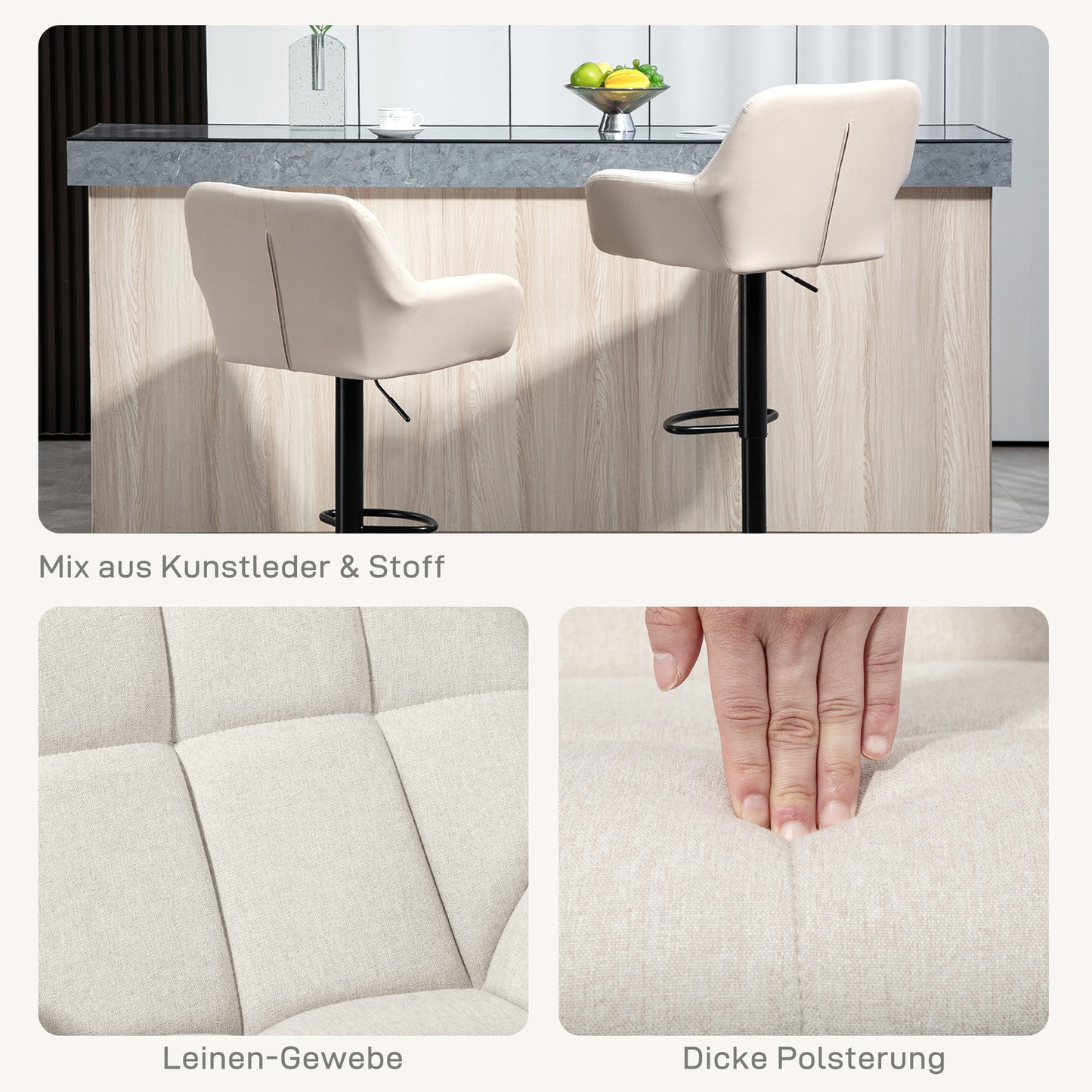 HOMCOM Barhocker 2er-Set Retro-Design höhenverstellbar Kunstleder Leinenoptik Creme + Schwarz