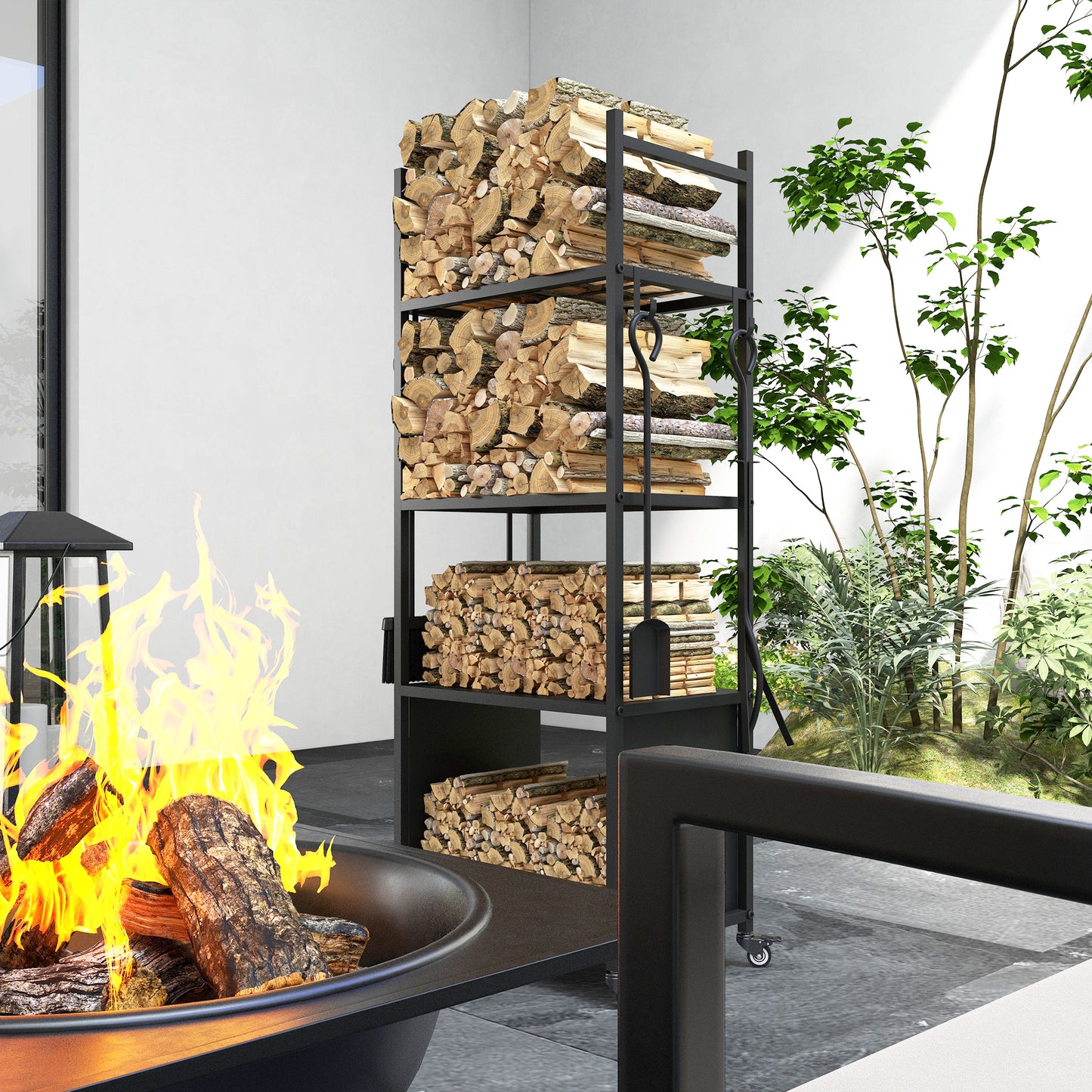 Outsunny 4-Ebenen-Feuerholzregal mit Rädern und 4 Werkzeugen، Brennholzregal aus Metall für den Innen- und Außenbereich، شوارتز