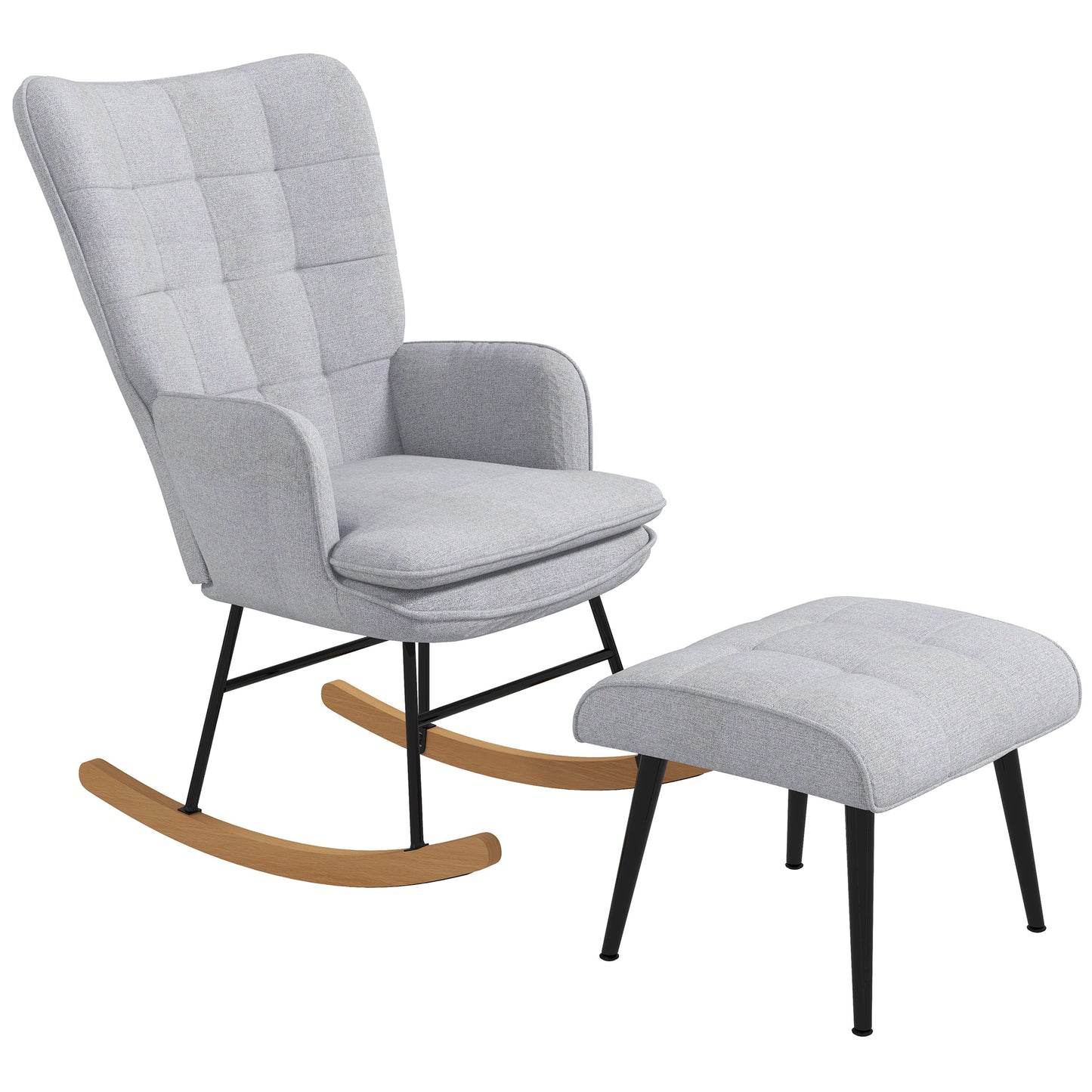 HOMCOM Schaukelstuhl mit Ottomane Skandidesign Schaukelstuhl mit Fußhocker, Buchenholz, Steppung, 64 cm x 89 cm x 90 cm Grau