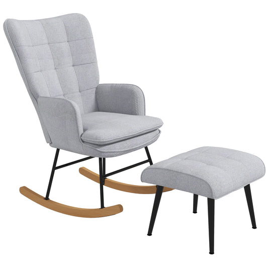 HOMCOM Schaukelstuhl mit Ottomane Skandidesign Schaukelstuhl mit Fußhocker, Buchenholz, Steppung, 64 cm x 89 cm x 90 cm Grau