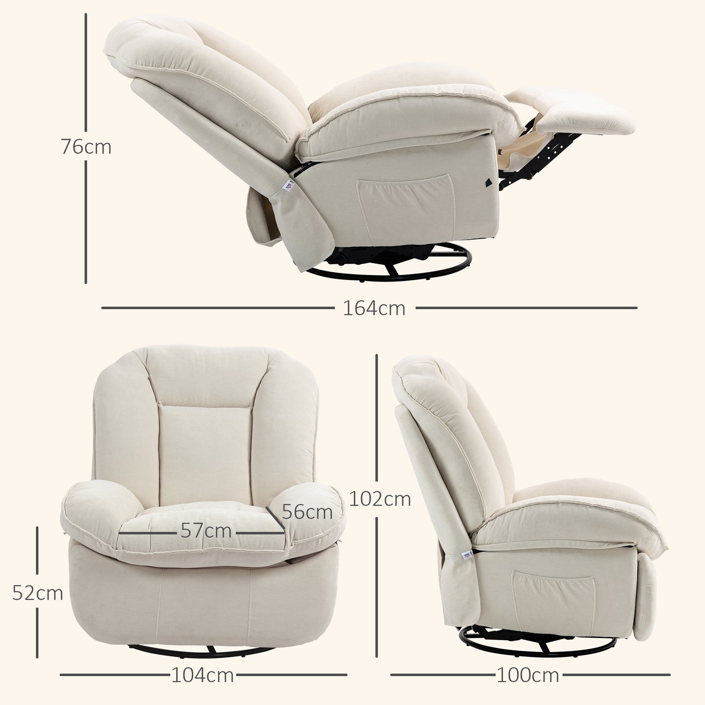 HOMCOM Relaxsessel, verstellbar, 104x100x102cm/164x76cm, Cremeweiß