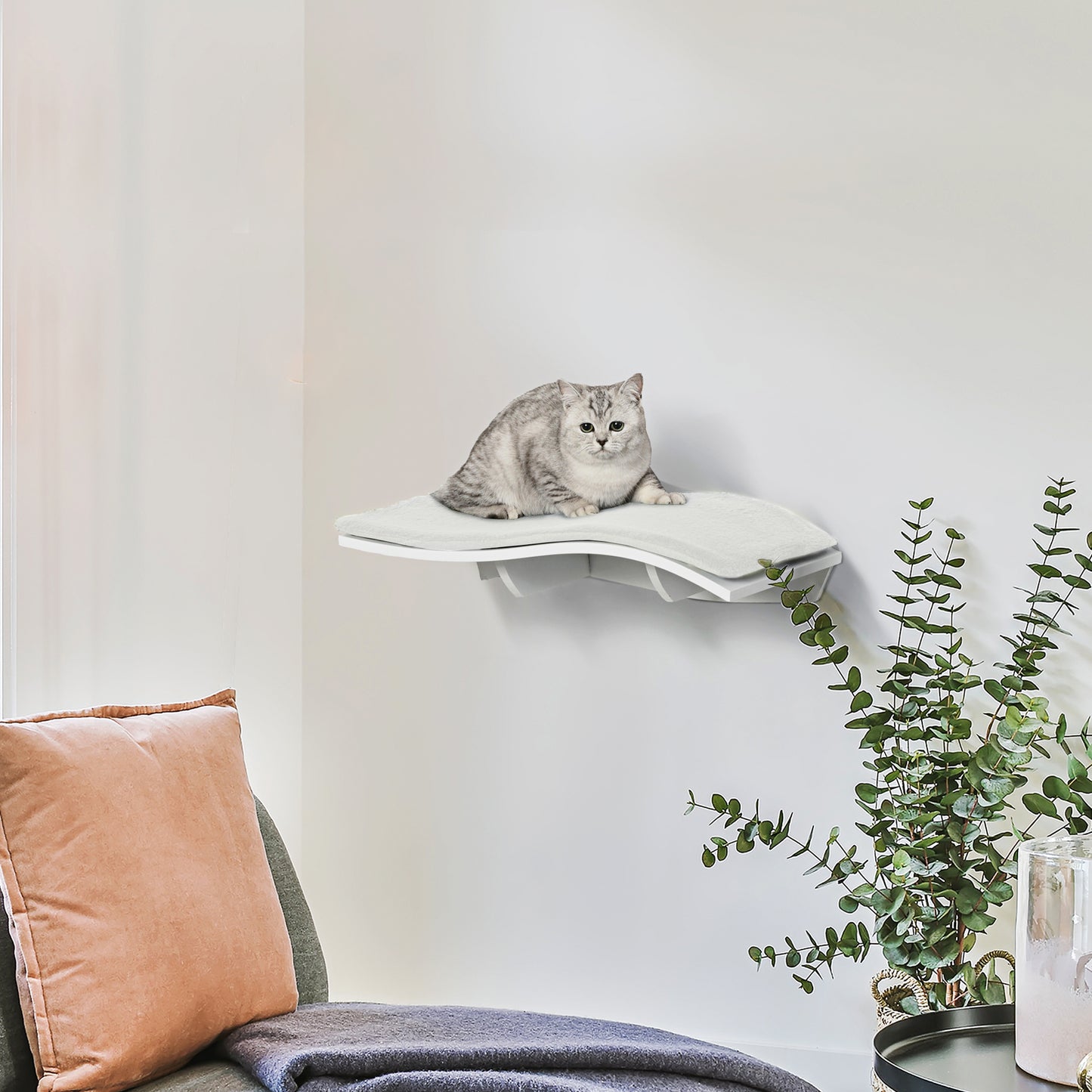 PawHut Katzen Kletterwand Katzenhängematte Katzenbett Wand Katzenregal Wandmontage Katzenmöbel Plüsch MDF Weiß 53 x 28 x 12 cm