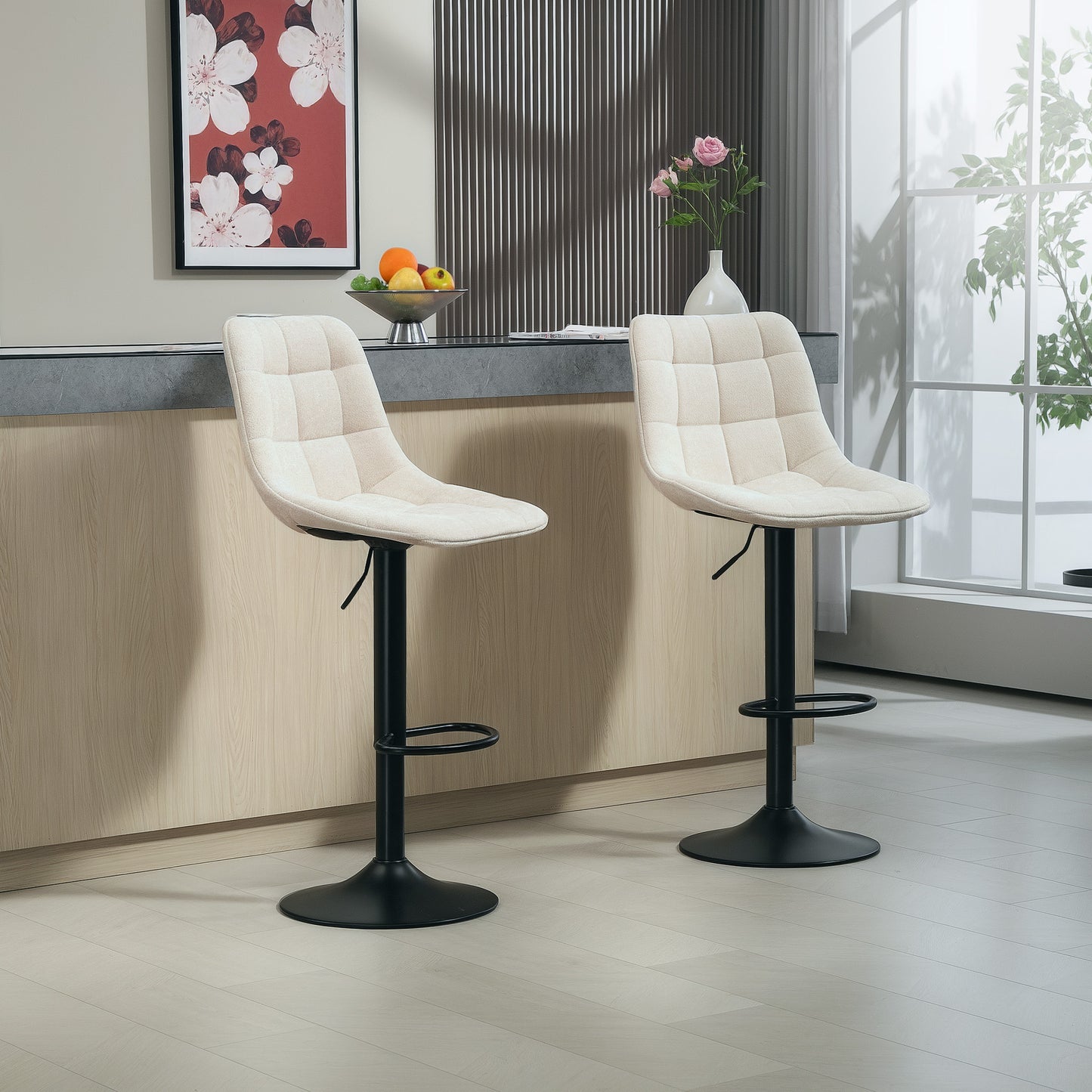 HOMCOM Moderner Barhocker, 2er-Set drehbare Barstühle mit Rückenlehne, höhenverstellbar, mit Fußstütze, gepolstert, بيج
