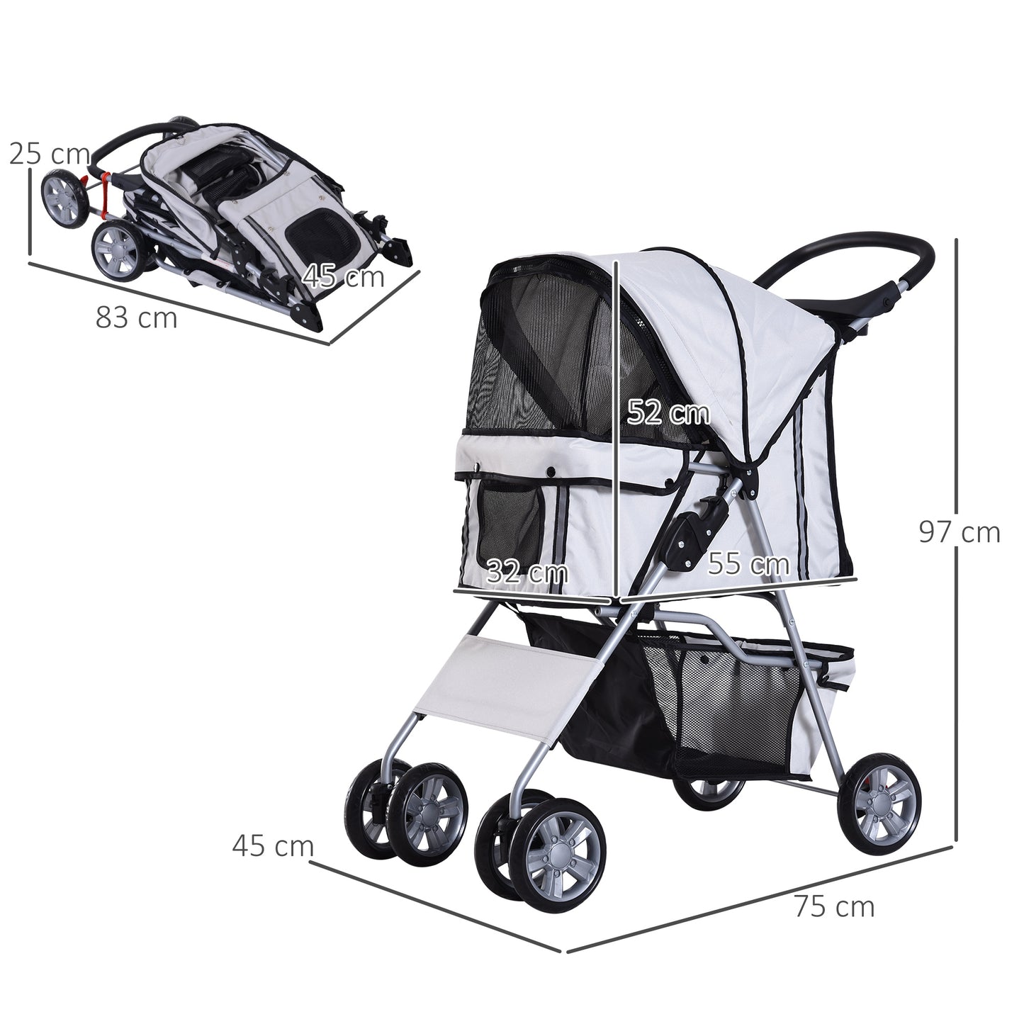 PawHut Hundewagen Hundebuggy bis 10 kg Klappbar verstellbares Vordach 2 Becherhalter Sonnendach Silber
